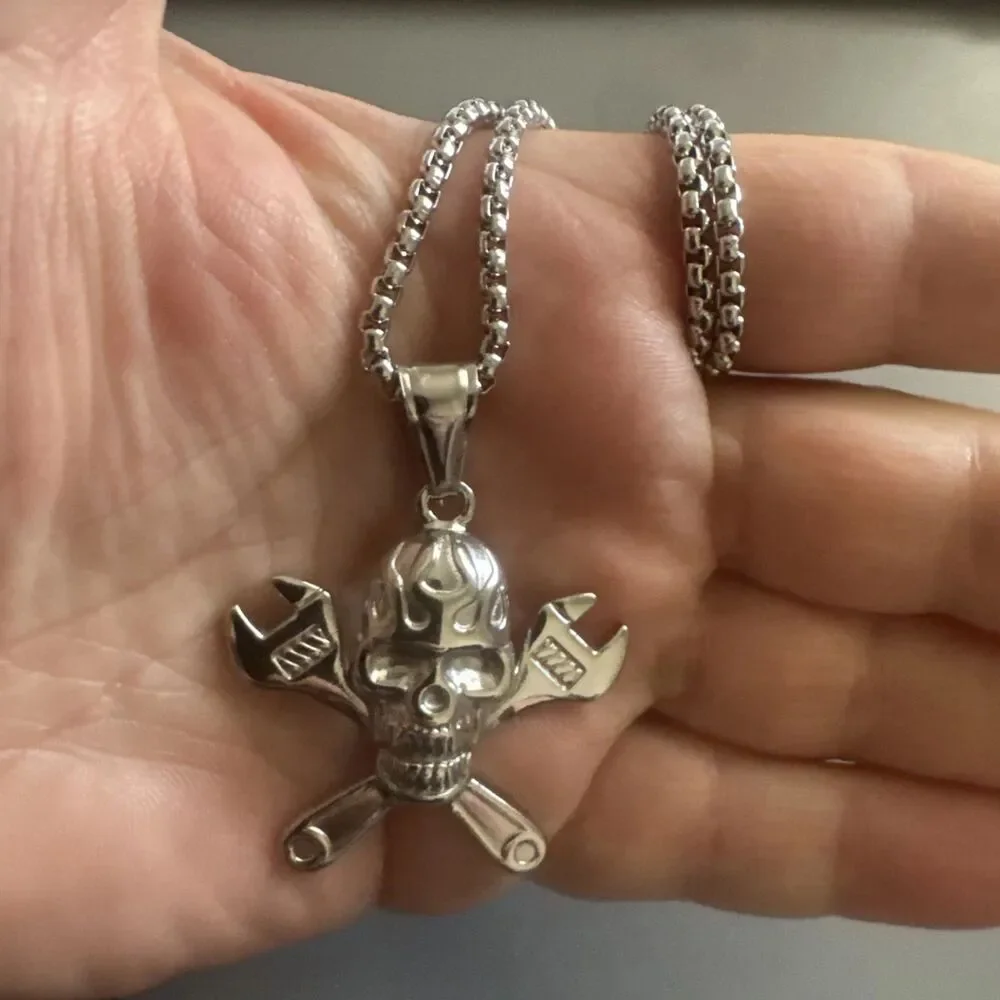 Skull Wrench Tools Silver Plated Stainless Steel Pendant 24” Chain Plumber Men’s